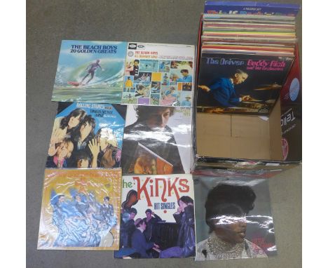 A box of 50 LP records of 1950s and 1960s including Kinks, Bob Dylan, Beach Boys, Rolling Stones, etc. 