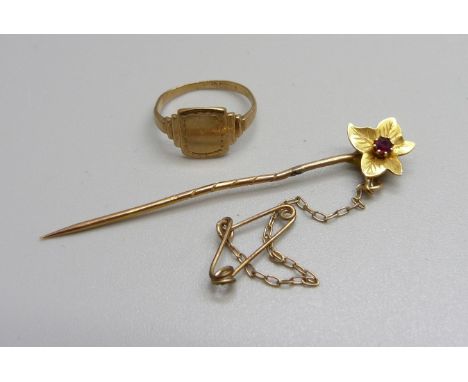 A small 9ct gold signet ring and a gold stick pin, 2.5g 