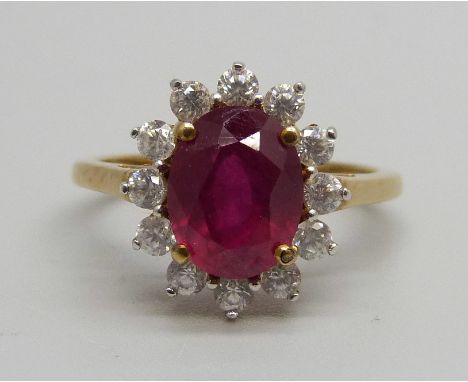 A 9ct gold synthetic ruby and white stone cluster ring, 2.7g, N 