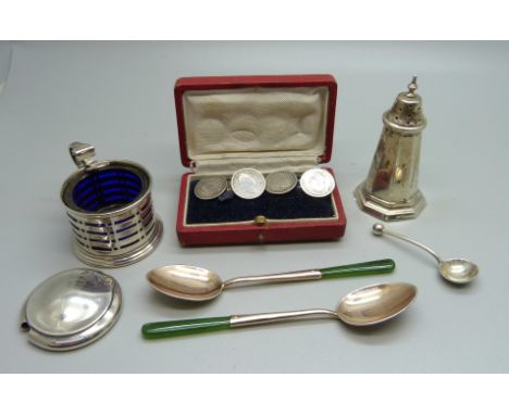 A pair of silver cufflinks made from William IV coins, a silver pepperette, a silver mustard and three spoons 