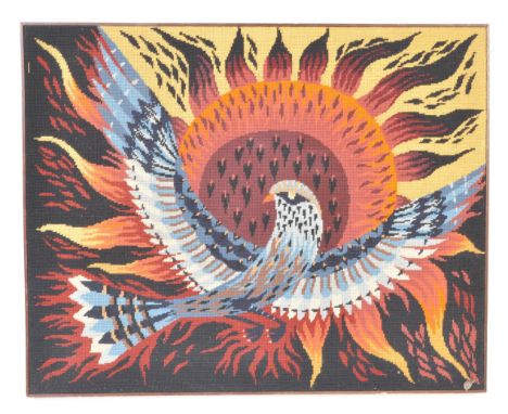 A vintage 20th century circa 1970s needlepoint of a phoenix rising from the flames. Set within a teak frame. Measures 67cm x 