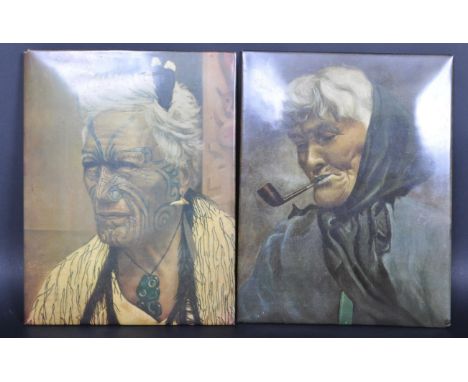 A pair of early 20th century of enameleen prints on tin. The prints depicting a old woman smoking a pipe from Maori Series No