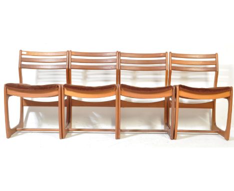 Set of 4 retro vintage mid 20th Century circa 1960's Portwood teak chairs. Each chair having a ladder back rest, orange/brown