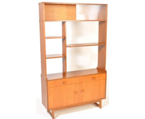 A retro vintage 20th century teak sideboard / wall unit / room divider having a glazed sliding door cabinet/ cupboard over a&