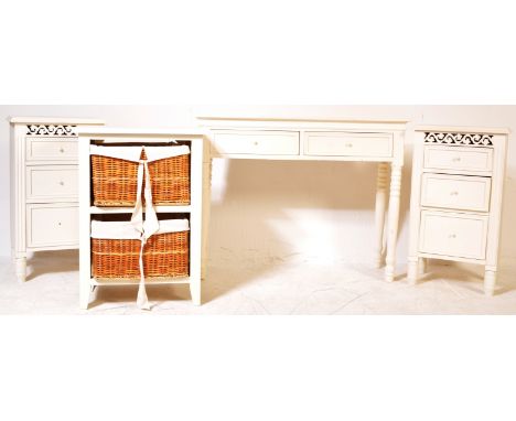 A collection of painted white furniture comprising of a pair of bedsides, pine console table together with a white cabinet an