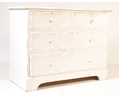 A Victorian 19th century painted pine chest of drawers. Raised on ogee bracket feet with shaped apron. Above, a 2 short over 