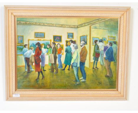 Jean Whitfield ( British 20th century ) An oil on board painting of an art gallery exhibition being signed by the artist, fra