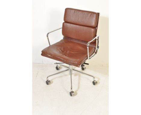 Office Soft Pad Chair - Model EA217 - A contemporary retro vintage style chrome and leather swivel office desk chair / armcha