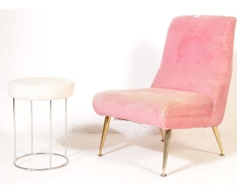 A retro vintage mid 20th century Italian cocktail accent chair unpholstered in pink fabric with on gilt metal angled supports