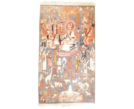 A vintage 20th century Persian Islamic Middle Eastern carpet / wall carpet having various figures and animals in polychrome d