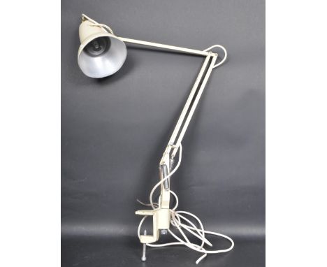 A retro vintage industrial mid 20th century Herbert Terry engineers lamp having a pendant shade, three arm support and clamp 