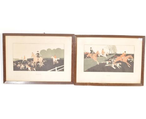 Two vintage 20th century hunting prints depicting stylised scenes of Full Cry and The Lost Scent. Framed and glazed. Measures