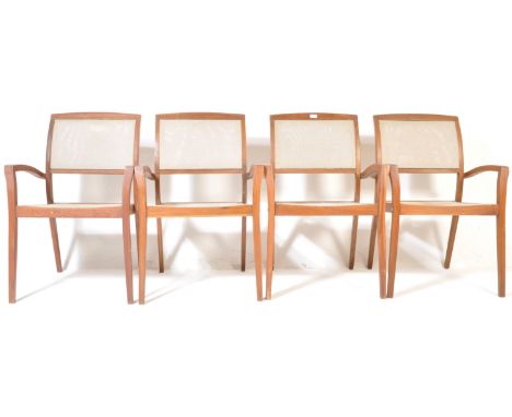 A set of four vintage retro mid 20th century dining chairs from Milano Collection. The chairs having show wood frame with pad