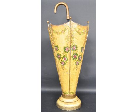 A vintage 20th century painted umbrella stand in the form of an open umbrella having a curved handle, handpainted polychrome 