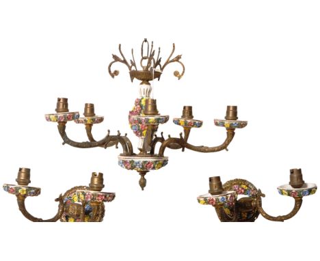 A retro vintage mid 20th Century Spanish brass and ceramic hanging five arm chandelier having decorative hand painted ceramic