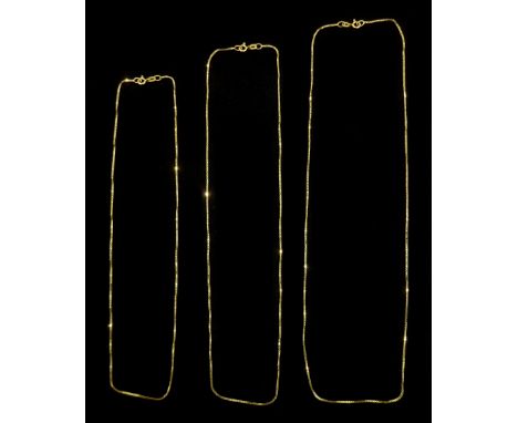 Three 9ct gold box link chain necklaces, all hallmarkedCondition Report:Approx 8.2gm, lengths = 51.5cm, 46cm and 41cm