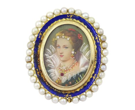 18ct gold portrait pendant / brooch, with blue enamel and pearl borderCondition Report:Approx 12.6gm, back pin also tested 18