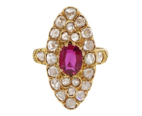 18ct gold oval cut ruby and rose cut diamond marquise shaped ring, ruby approx 1.00 carat, total diamond weight approx 1.50 c
