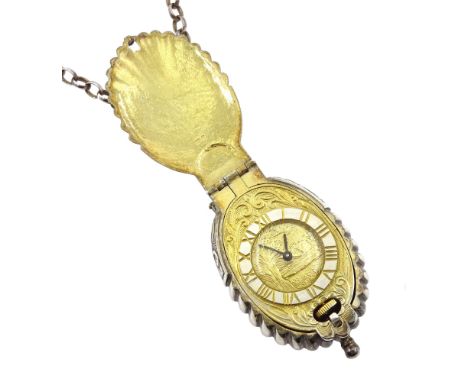 Silver and silver-gilt novelty manual wind watch pendant, in the form of a shell, by St James House Company, London 1975, on 