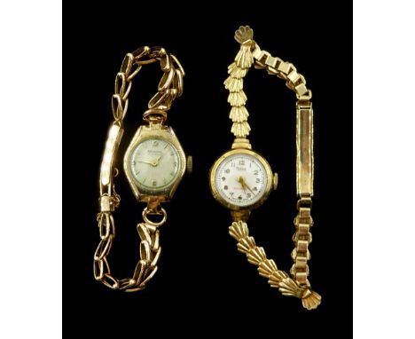 Two 9ct gold ladies manual wind wristwatches, both on 9ct gold bracelet's hallmarked Condition Report:Approx 23.9gm (excludin
