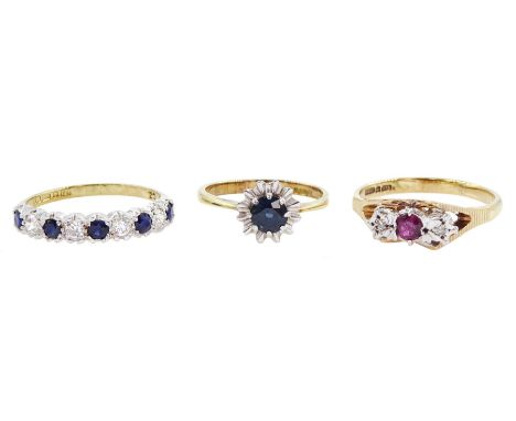 18ct gold single stone sapphire ring, 9ct gold three stone diamond and ruby ring and a 9ct cubic zirconia  half eternity ring