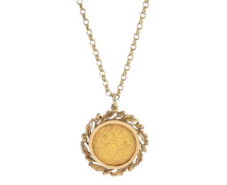 King George V 1911 gold half sovereign coin, loose mounted in acorn and oak leaf mount, on gold chain link necklace, both 9ct