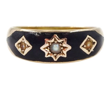 Early 20th century 9ct gold black enamel and pearl mourning ring, Chester 1918Condition Report:Approx 3.85gm, size O-P, pearl