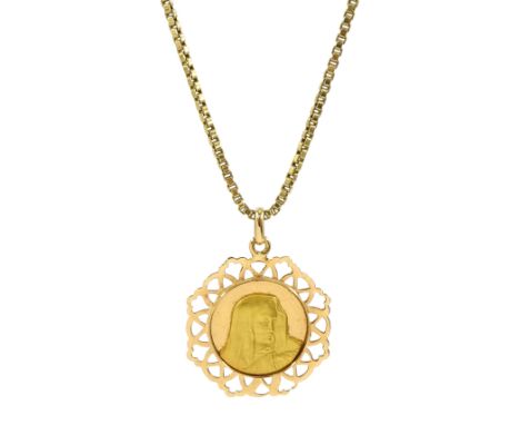 18ct gold pendant, on 9ct gold box link chain necklaceCondition Report:18ct approx 2.75gm, 9ct approx 7.1gm, length = 60cm, b