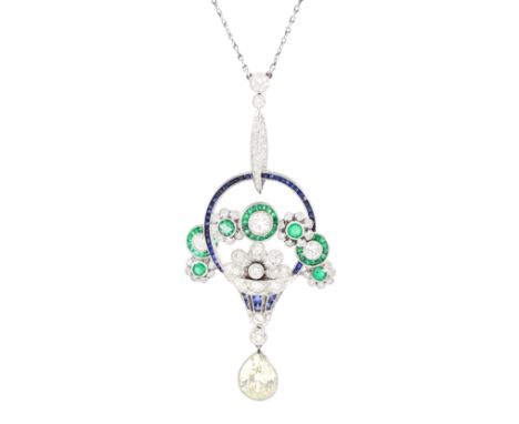 Art Deco platinum milgrain set diamond, emerald and sapphire flower basket pendant necklace, the basket set with old cut diam