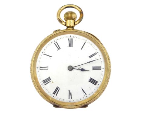 Early 20th century 18ct gold open face keyless cylinder pocket watch, white enamel dial with Roman numerals, back case with e