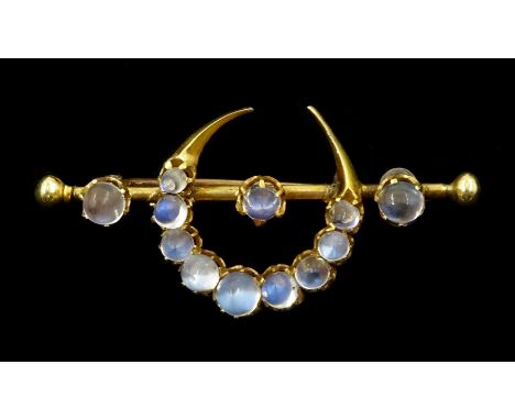 19th / early 20th century 14ct gold moonstone crescent moon brooch, in velvet and silk limed box by R. Hemsley, MontrealCondi