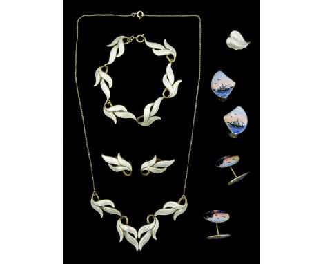 Scandinavian silver white enamel leaf design necklace, matching clip-on earrings and bracelet, pair of enamel Viking ship cli