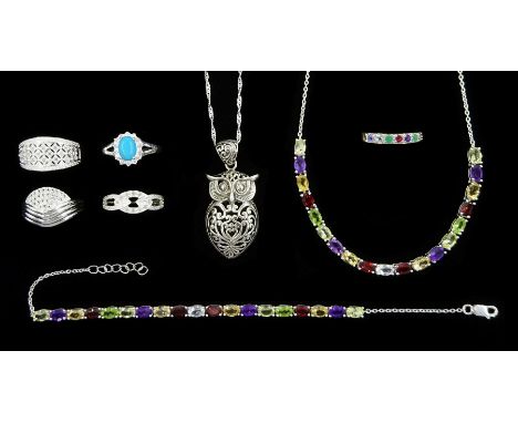 Silver stone set jewellery including multi gemstone set necklace and matching bracelet, owl pendant necklace, diamond chip ri