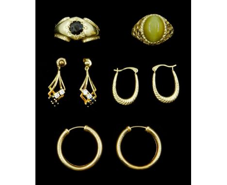 9ct gold jewellery including pair of hoop earrings, garnet ring, chrysoberyl ring and two other pairs of earringsCondition Re