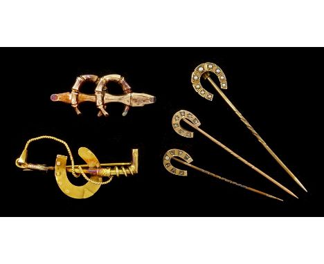 Three Victorian and Edwardian horseshoe stickpins, one dimaond set, one paste stone set, the other pearl set and two gold hor