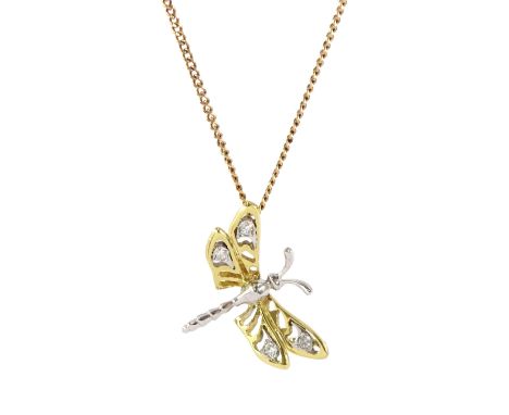 18ct white and yellow gold butterfly pendant, each wing set with a round brilliant cut diamond, Birmingham import mark 1977, 