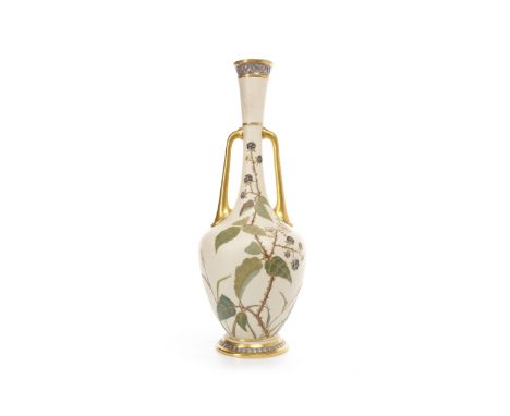 ROYAL WORCESTER ELONGATED DOUBLE HANDLED GOURD SHAPED VASE
decorated with beries and foliage on a blush ivory ground, within 