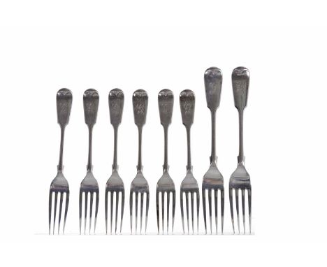 SET OF SIX EDWARD VII FIDDLE PATTERN DESSERT FORKS
maker John Round & Son, Sheffield 1905, 18cm; along with two related silve