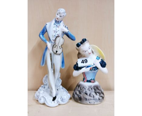 A Goldscheider porcelain bust of a lady, H. 16cm, together with a further porcelain Goldscheider figure of a violinist (repai