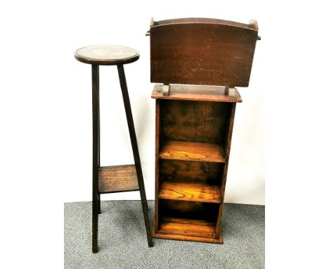 A small oak bookshelf together with a two-tier plant stand and magazine rack, bookshelf 75 x 35 x 17cm.