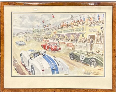 George Ham: A framed lithograph of the 1952 24 hour Le Mans motor race, frame size 51 x 66cm.