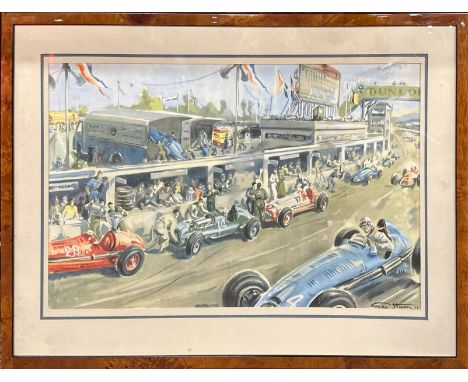 George Ham: A framed lithograph of a 1948 motor race, frame size 77 x 57cm.