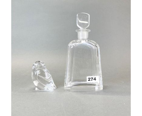 An Orrefors Swedish cut crystal decanter (signed to base) H. 25cm, together with a Hadelaid signed crystal owl.