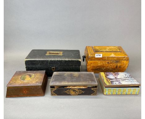 An early Mauchlin Ware tea caddy, W. 28cm (A/F), together with three early tins and a leather jewellery box.