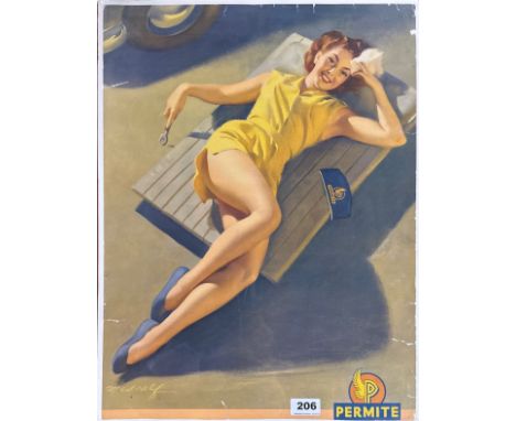 An original 1950's Permite advertising print after Metcalfe, 41 x 54cm. Currently sealed against board, small tears to edges.