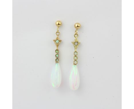 A pair of 9ct yellow gold opal set drop earrings, L. 2.6cm.