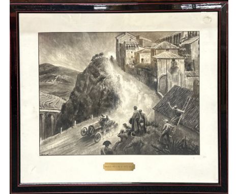 Peter Helck (1893-1988): An original framed pen and ink sketch of early motor racing on a mountain road, frame size 69 x 59cm