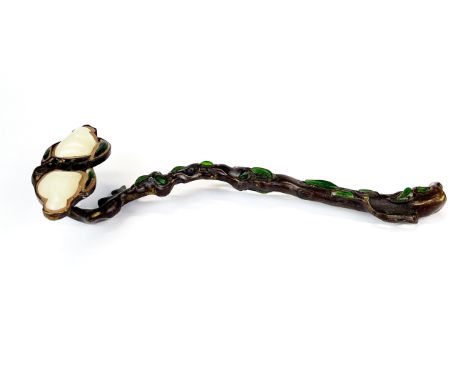 A Chinese jade inset bronze ruyi sceptre, L. 26cm.