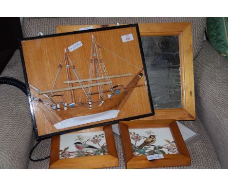 MIXED LOT COMPRISING TWO FRAMED BIRD DECORATED TILES, SMALL WALL MIRROR AND A 3D PICTURE OF A BOAT (4)