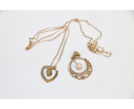 Edward VII pendant with single pearl within pierced border by WHC, Birmingham 1913, and a 9k gold heart pendant on gold chain